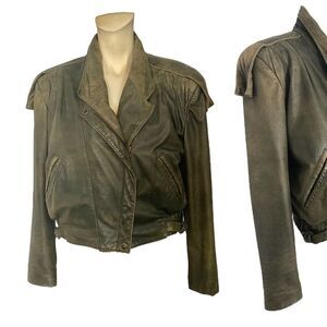 Vintage 80's Womens Fidelity Distressed Leather Crop Jacket sz 11/12